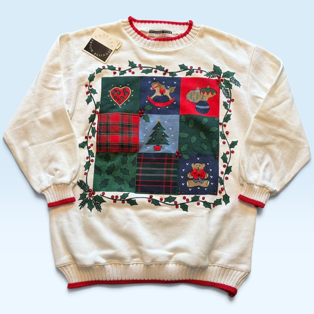 Vintage Jennifer Moore Sweater Womens Petite Large White Christmas Teddy Bear